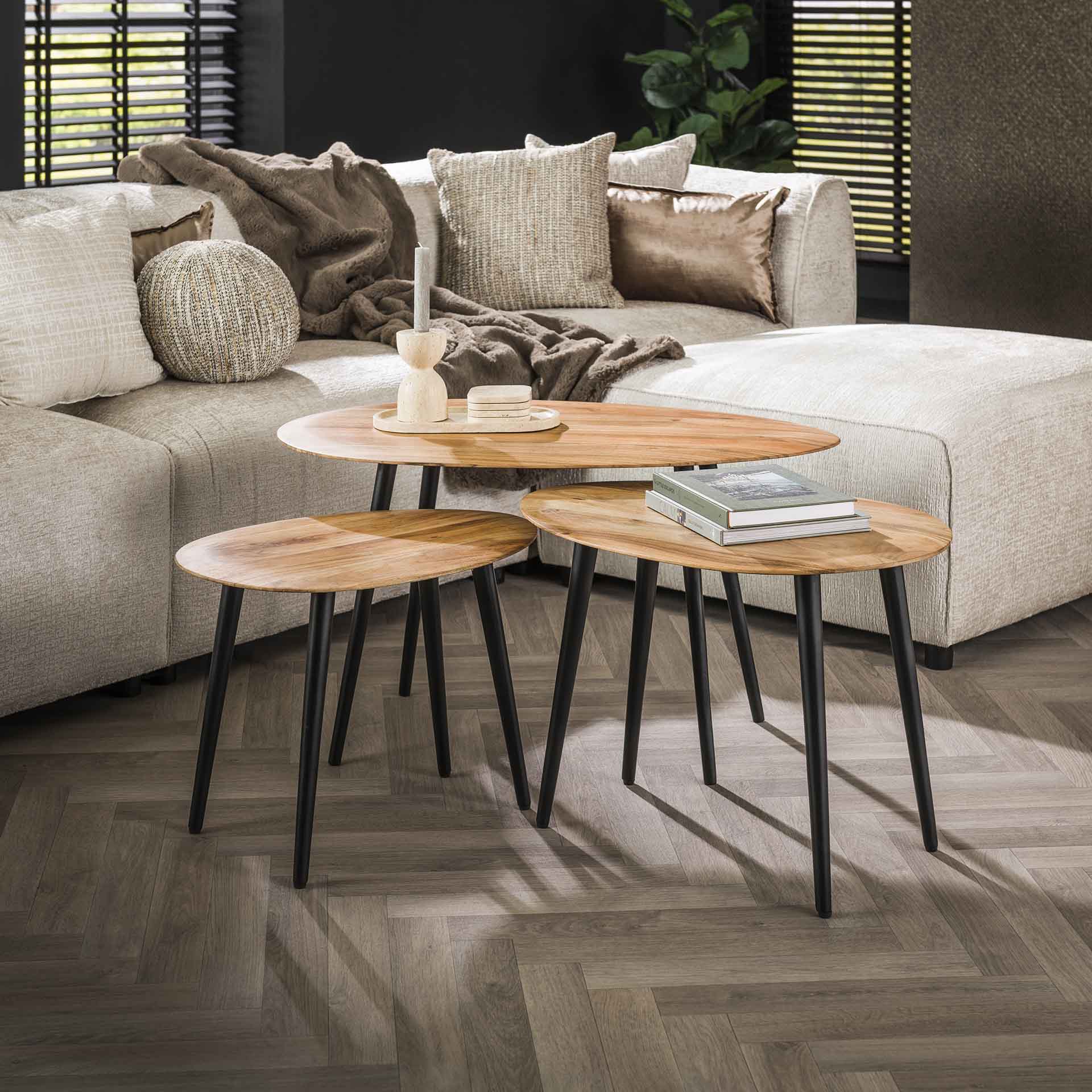 Couchtisch Set 3er aus Massivem Akazienholz – Natur, Größte Tisch 90 x 55 cm, Stabile Metallbeine 0