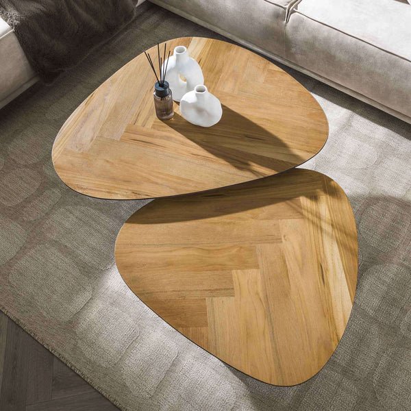 Couchtisch Set 90 x 75 cm aus Teakholzfurnier mit Metallbeinen – Modern und Vielseitig für Wohnzimmer 1