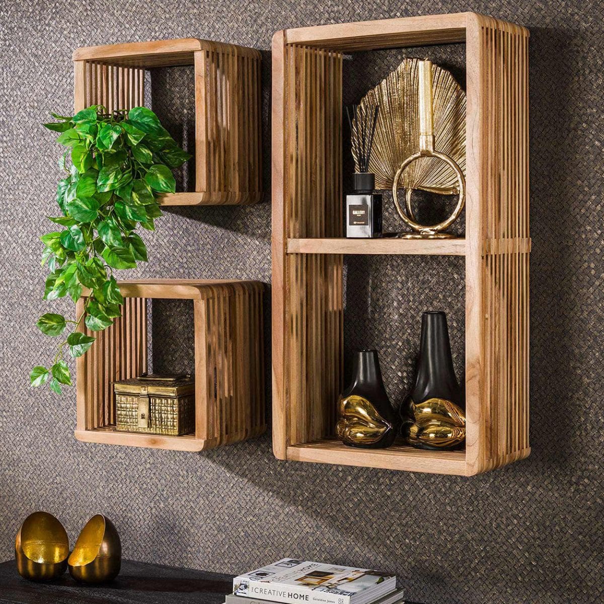 Wandregal Set 3-teilig aus Teakholz 42x 23 x 80 cm – Flexibel Aufhängbar für Modernen Wohnstil 0