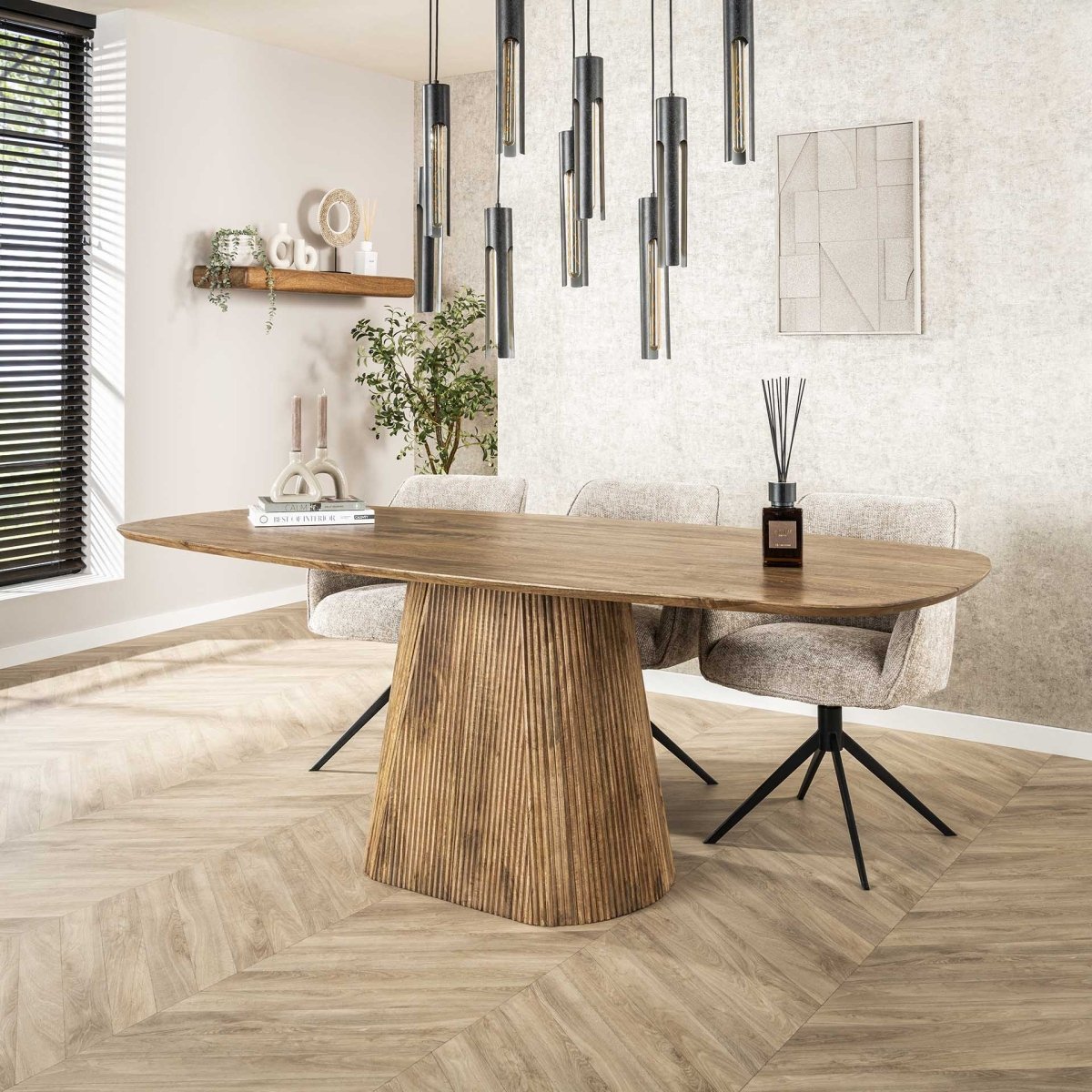 Esstisch 215 x 105 cm aus Mangoholz mit Wellenmuster – für 6–8 Personen, sandfarbene matte Oberfläche 0