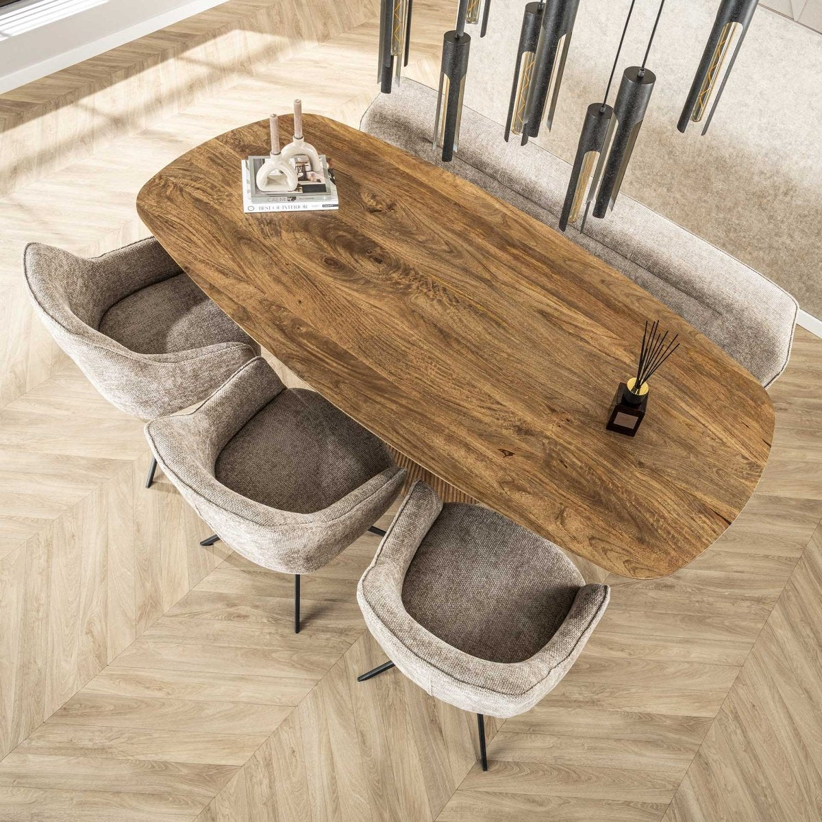 Esstisch 215 x 105 cm aus Mangoholz mit Wellenmuster – für 6–8 Personen, sandfarbene matte Oberfläche 4
