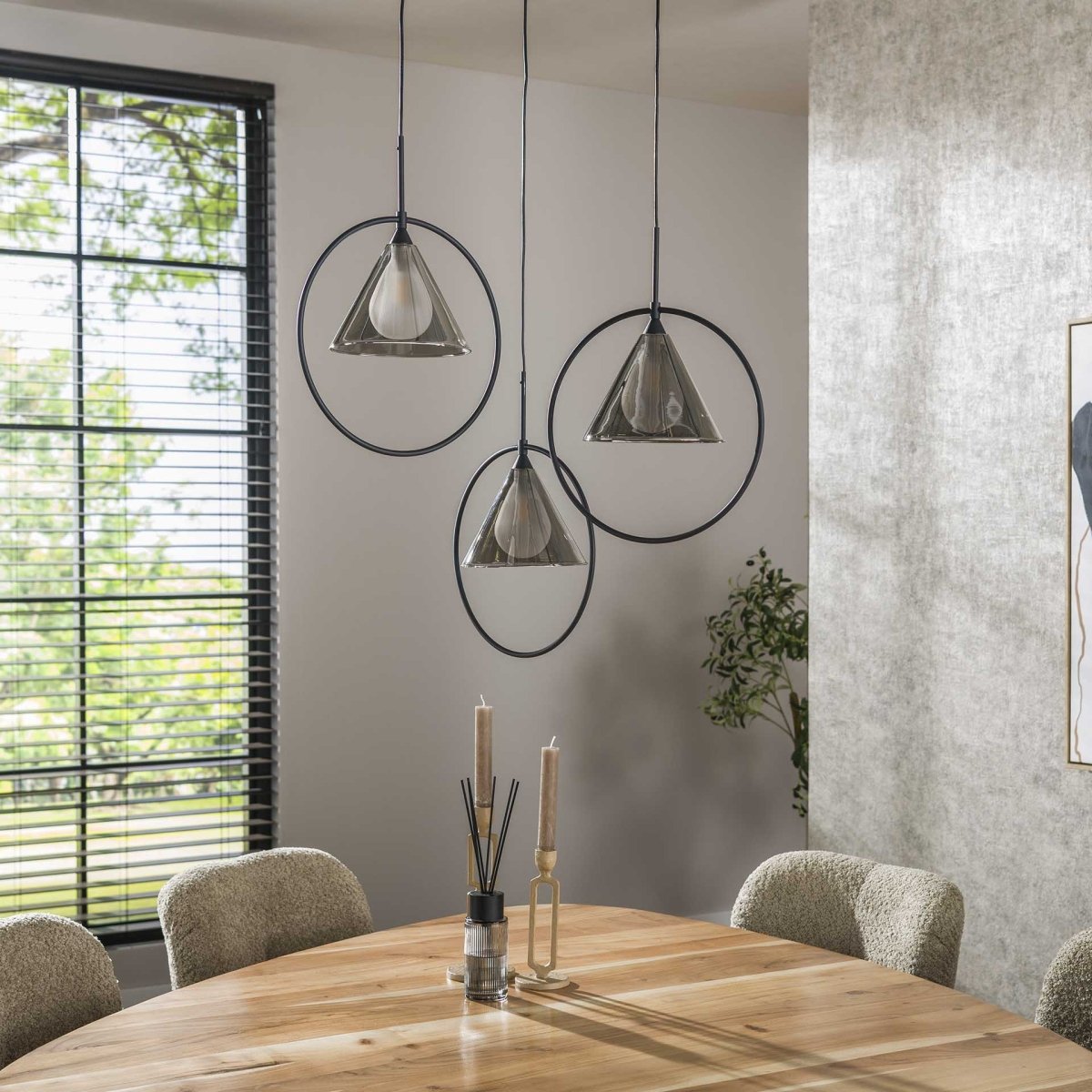 Hängelampe 3-flammig mit verstellbaren Rauchglasschirmen – Höhe bis 180 cm, Metallringe für modernes Wohndesign 1