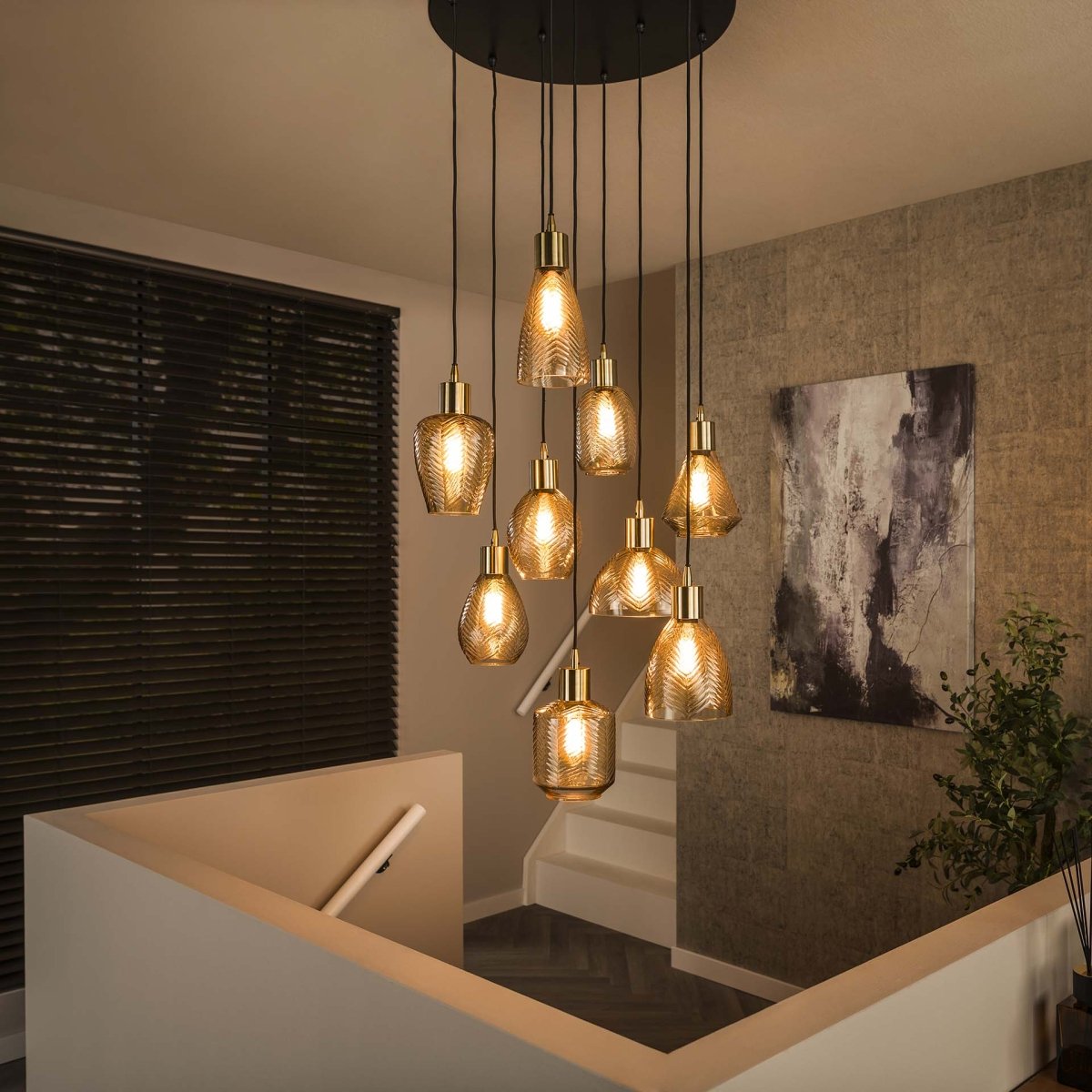 Hängelampe 9 V-Design Schirme aus Bernsteinglas – Höhenverstellbar bis 180 cm, Modern für Esstisch 0
