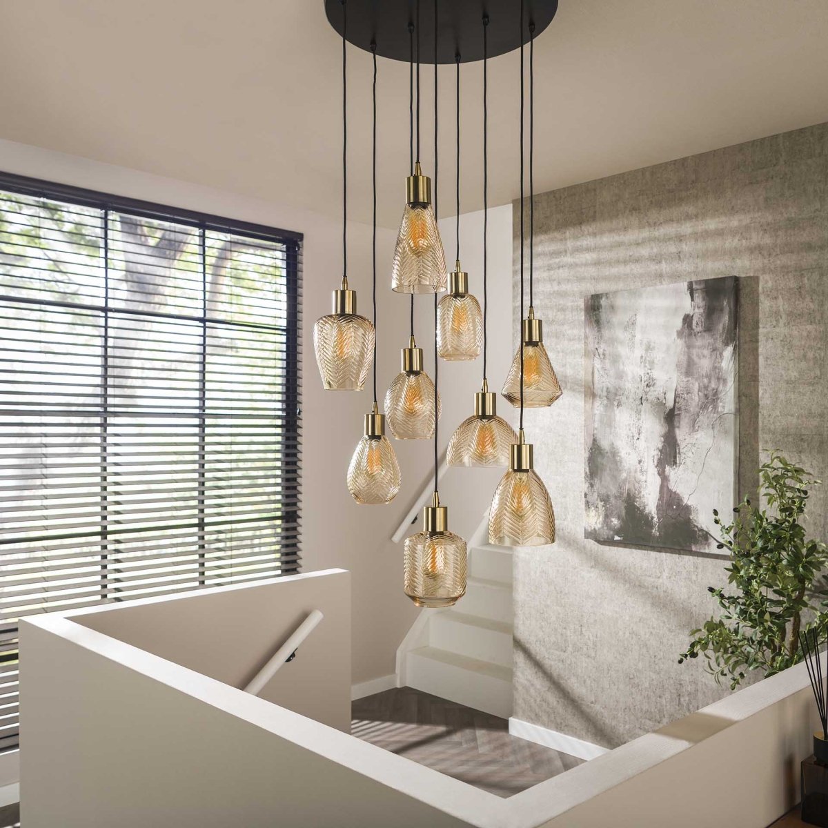 Hängelampe 9 V-Design Schirme aus Bernsteinglas – Höhenverstellbar bis 180 cm, Modern für Esstisch 1