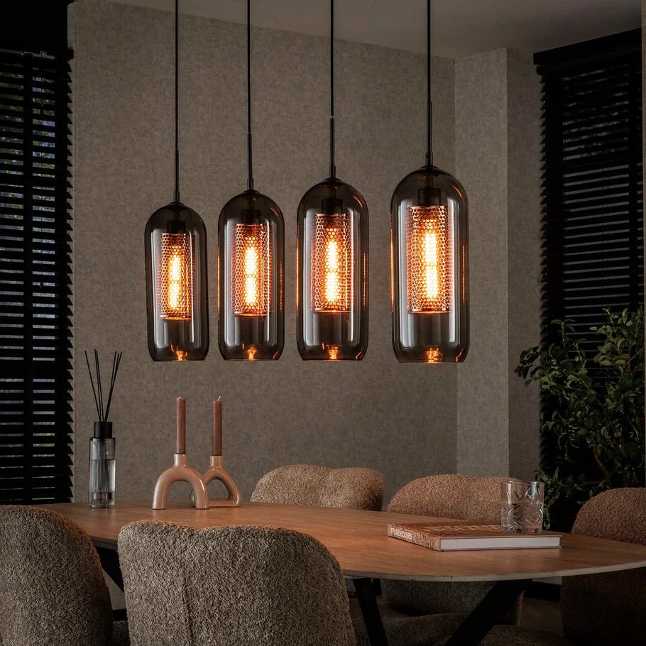 Hängeleuchte Höhenverstellbar 150 cm mit 4 Rauchglas- und Kupfergitterschirmen – Modern für Esszimmer und Wohnzimmer 0
