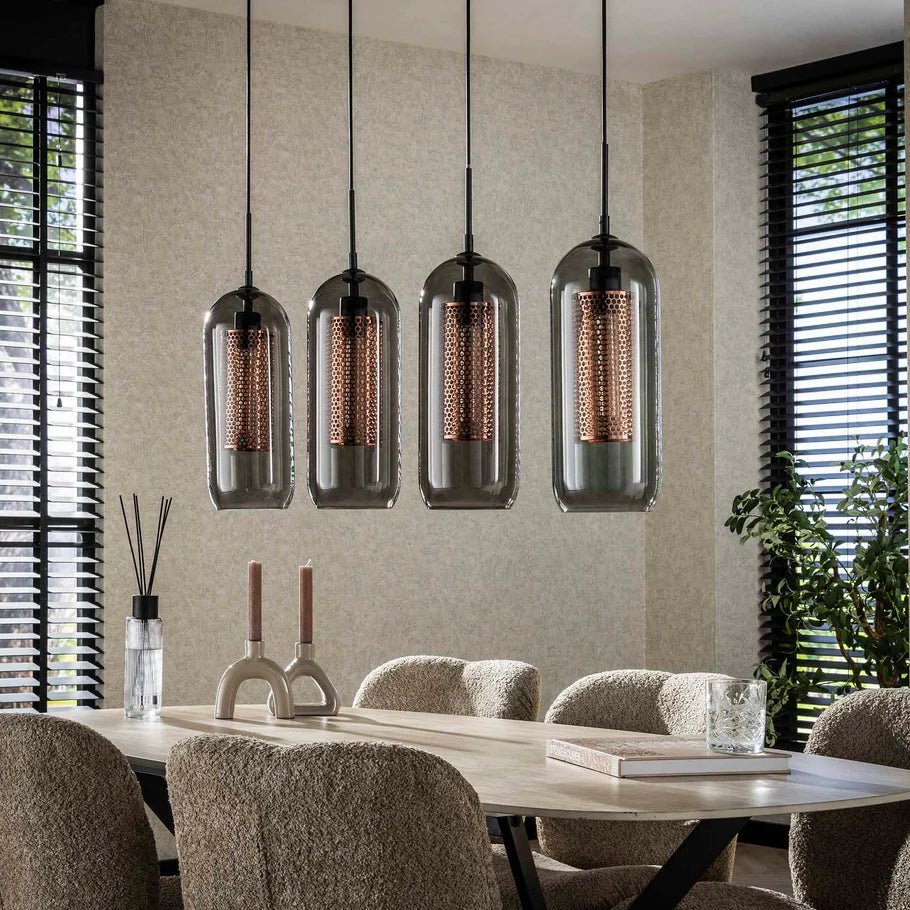 Hängeleuchte Höhenverstellbar 150 cm mit 4 Rauchglas- und Kupfergitterschirmen – Modern für Esszimmer und Wohnzimmer 1