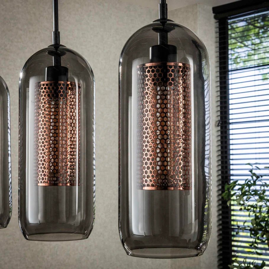 Hängeleuchte Höhenverstellbar 150 cm mit 4 Rauchglas- und Kupfergitterschirmen – Modern für Esszimmer und Wohnzimmer 2