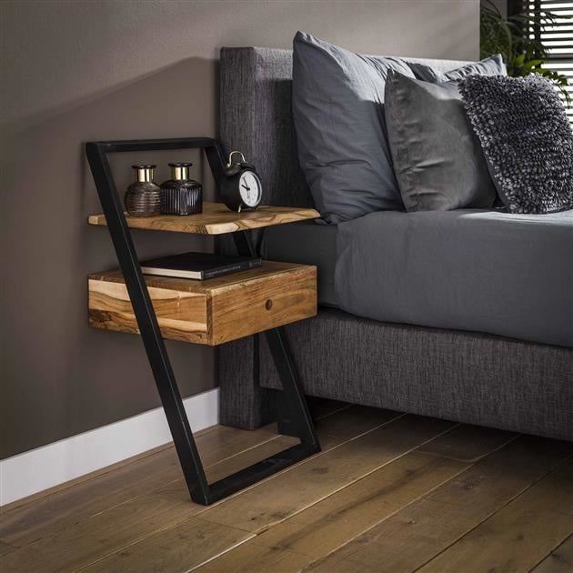Nachttisch aus Akazienholz mit 1 Schublade – Industrieller Stil, Platzsparendes Design, Metallrahmen 1