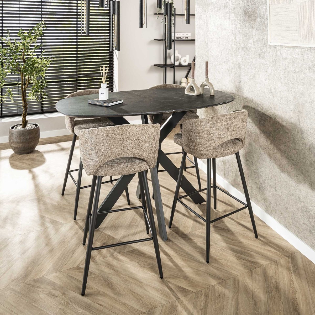 Ovaler Bartisch 140 x 80 cm in Keramikoptik – Ideal für Barhocker 65 cm mit Spinnenbeinen 0