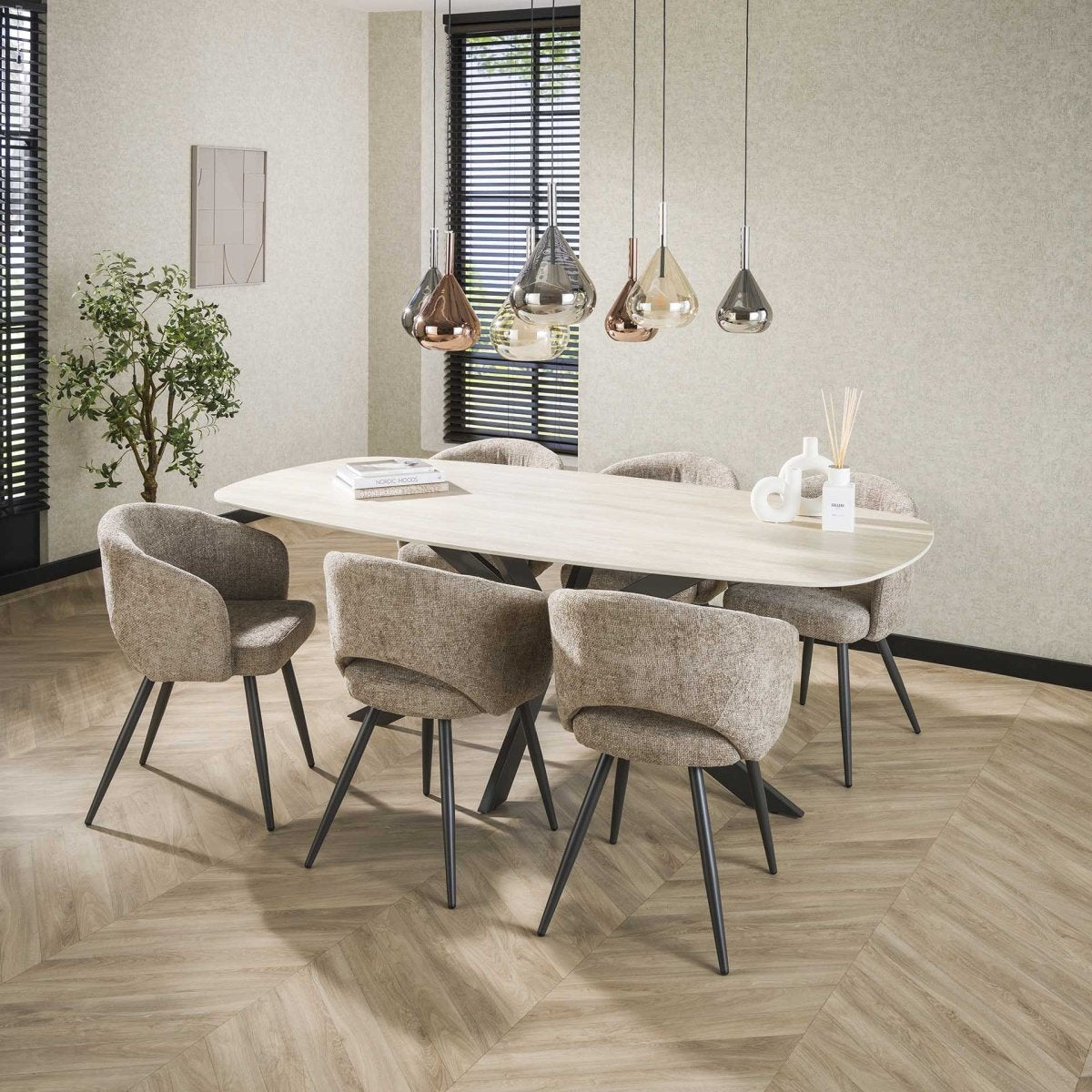 Ovaler Esstisch 180 x 90 cm aus 3D-Keramik in Travertinoptik – Spinnengestell mit abgerundeten Kanten 0