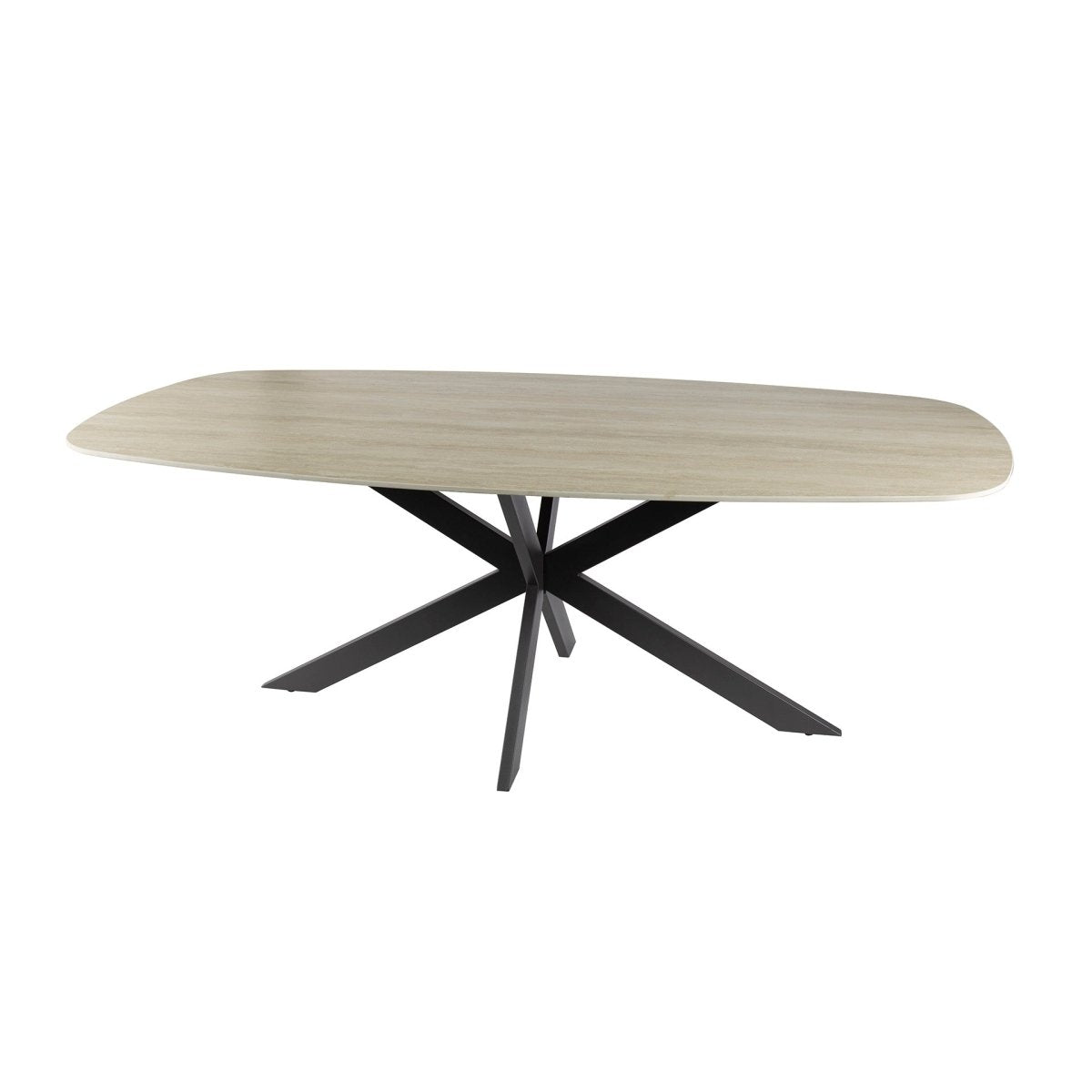 Ovaler Esstisch 180 x 90 cm aus 3D-Keramik in Travertinoptik – Spinnengestell mit abgerundeten Kanten 1