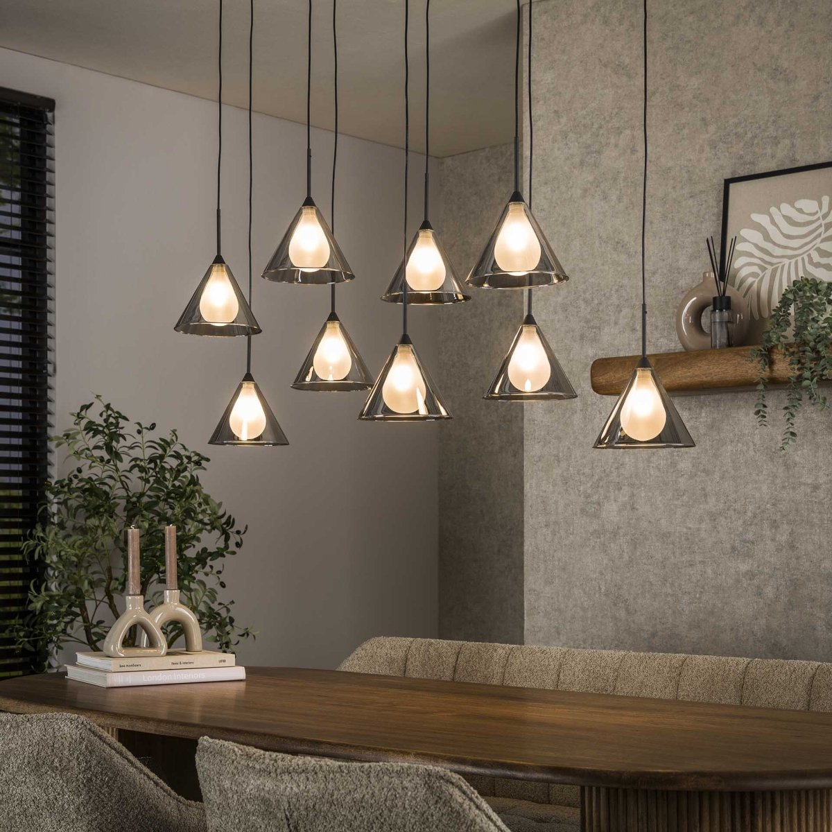 Pendelleuchte Schwarz mit 7 Höhenverstellbaren Rauchglas-Schirmen – Ø 18 cm, bis 150 cm Höhenverstellbar für Elegante Beleuchtung 0