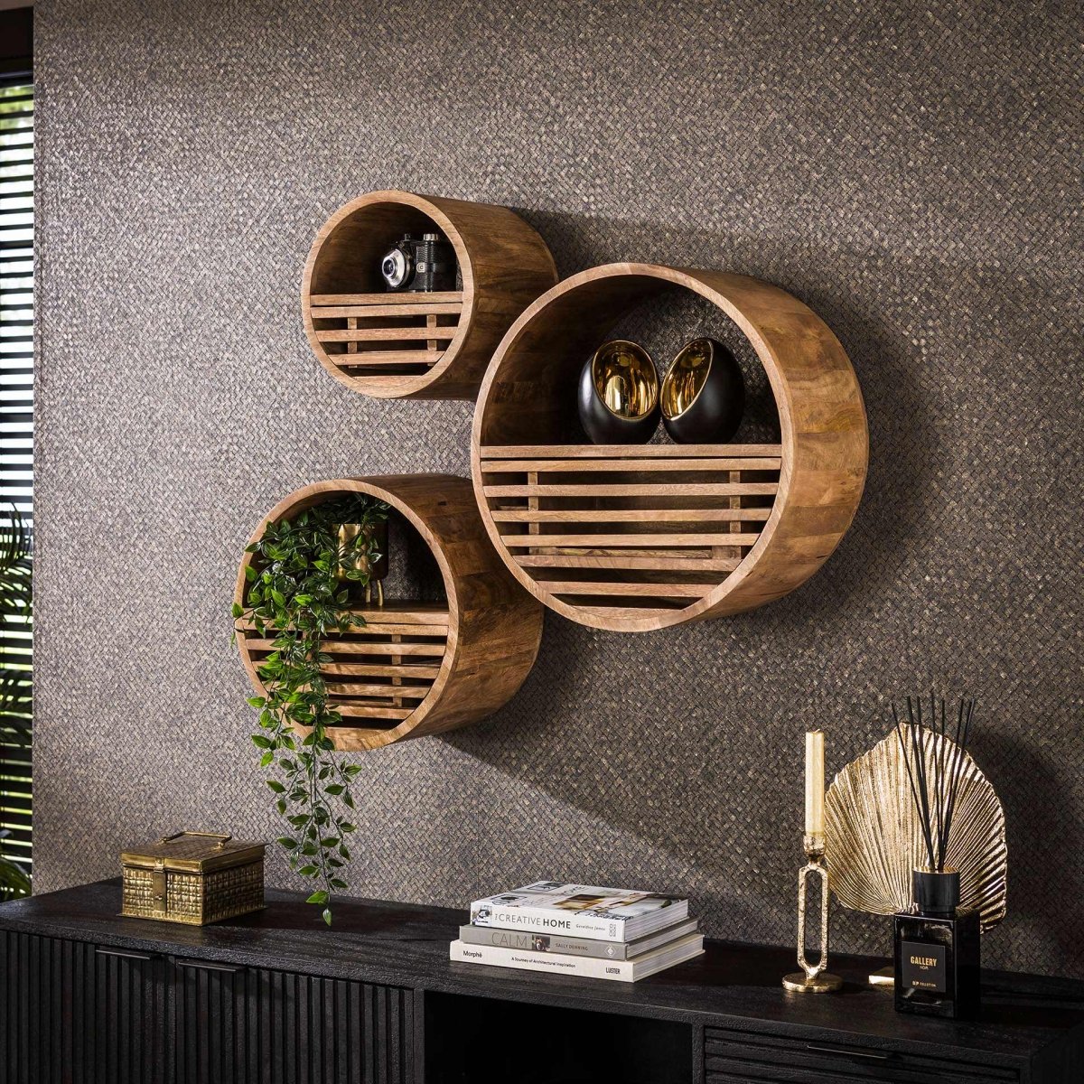 Rundes Wandregal aus Mangoholz mit Schublade in Sandfarbe Ø30-50 cm – Flexibles Wandregal für kreative Gestaltung 1