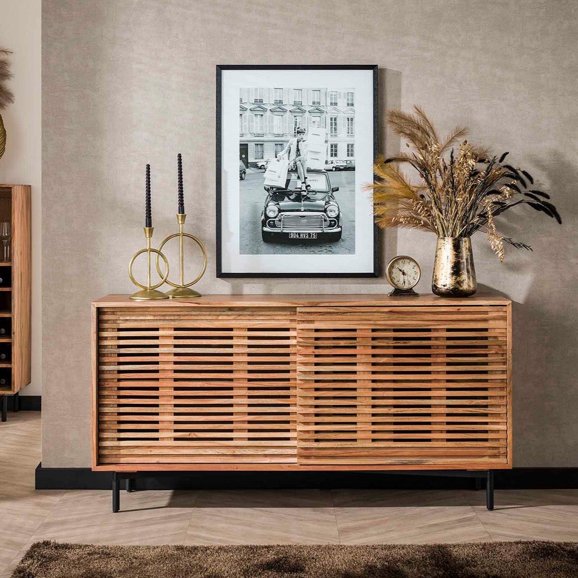 Slide Sideboard aus Akazienholz mit 2 Schiebetüren und Modernem Design, 150x45x76 cm, Robustes Massivholz 0