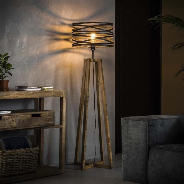 Stehlampe Holz mit Metallhaube – Industrielle Stehleuchte in Schiefergrau für Wohnzimmer 0