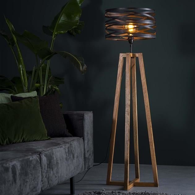 Stehlampe Holz mit Metallhaube – Industrielle Stehleuchte in Schiefergrau für Wohnzimmer 1