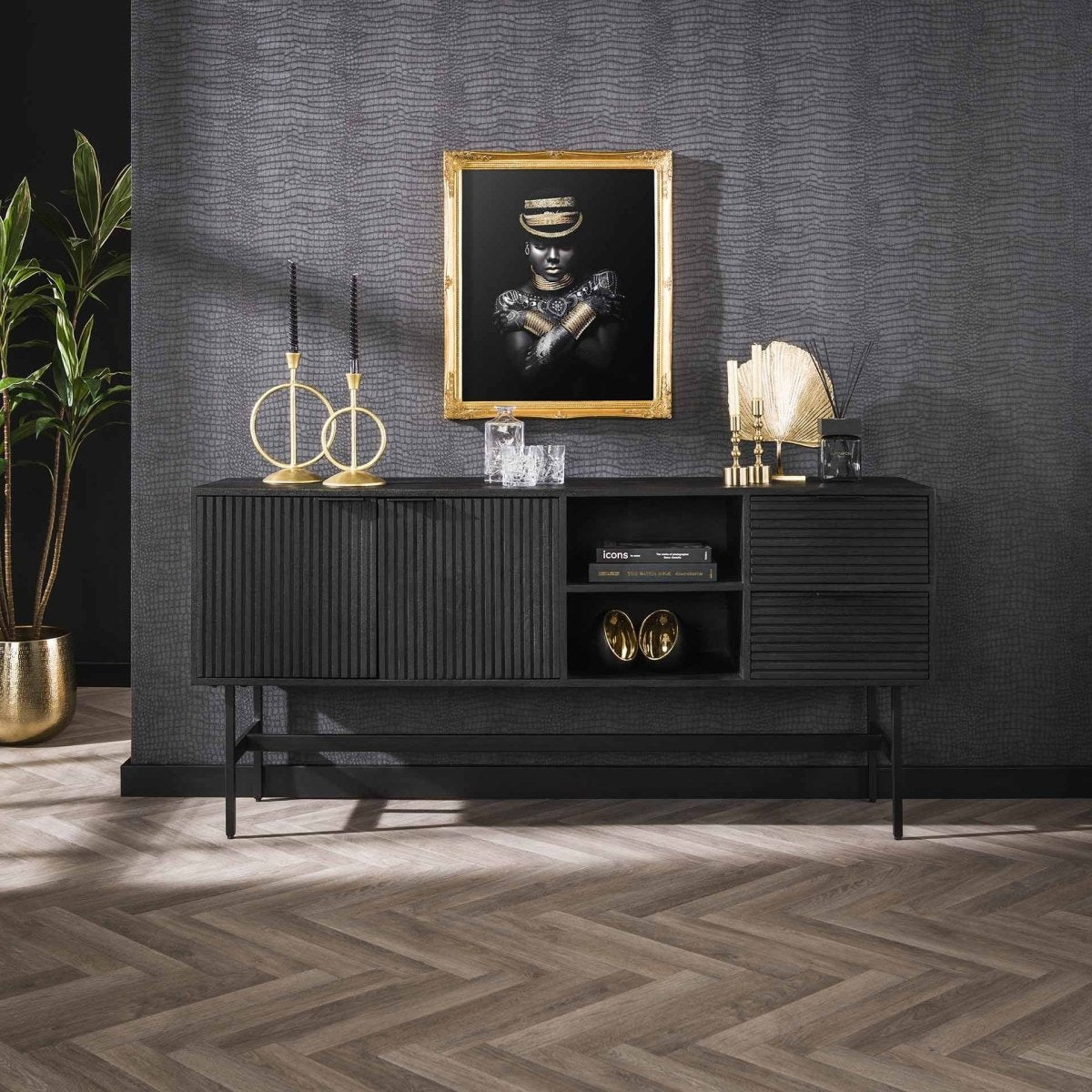 Stylisches Sideboard aus Mangoholz Schwarz mit 2 Türen und 2 Schubladen, 170x40x80 cm, Industrieller Stil 0
