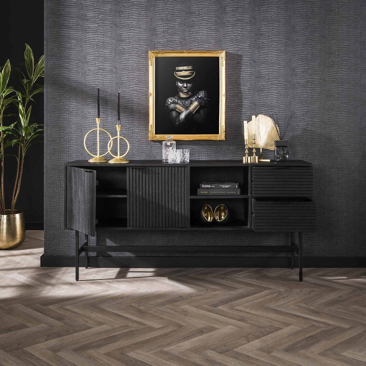 Stylisches Sideboard aus Mangoholz Schwarz mit 2 Türen und 2 Schubladen, 170x40x80 cm, Industrieller Stil 1