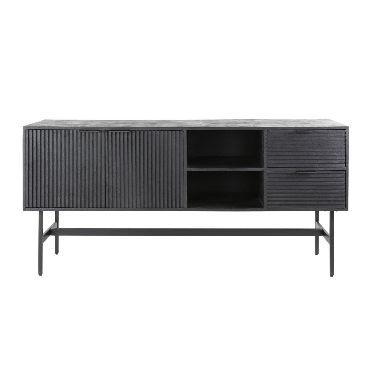 Stylisches Sideboard aus Mangoholz Schwarz mit 2 Türen und 2 Schubladen, 170x40x80 cm, Industrieller Stil 4