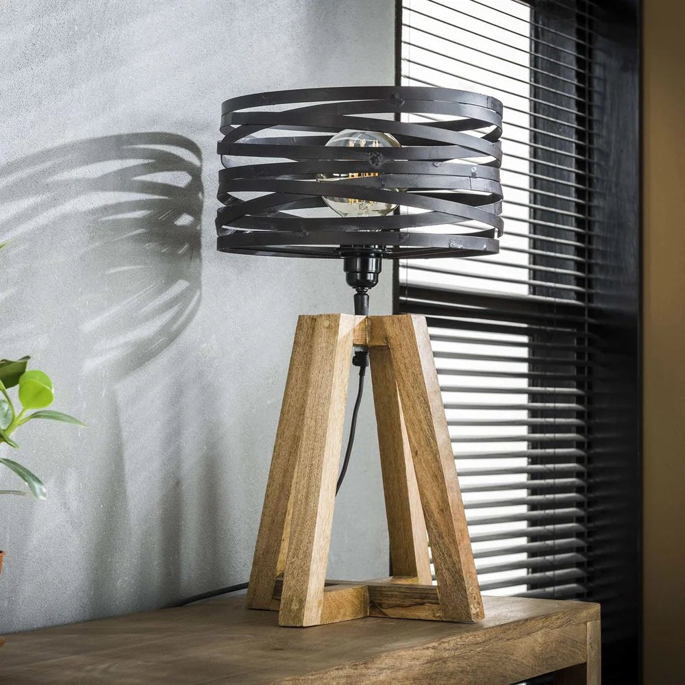 Tischlampe 0,5 m mit Gedrehtem Metallschirm und Holzrahmen – Schiefergrau, 29 cm Durchmesser für Wohnbereich 1