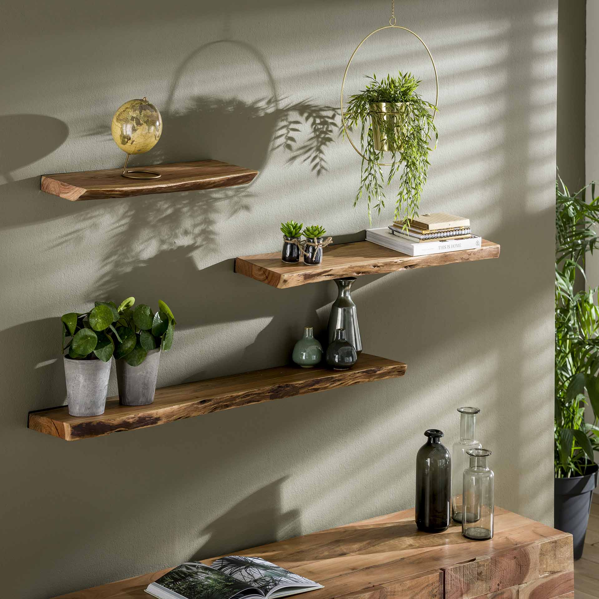 Wandregal 60 cm aus Massivholz – Rustikales Regal mit Baumstammform für Bücher und Dekoration 1