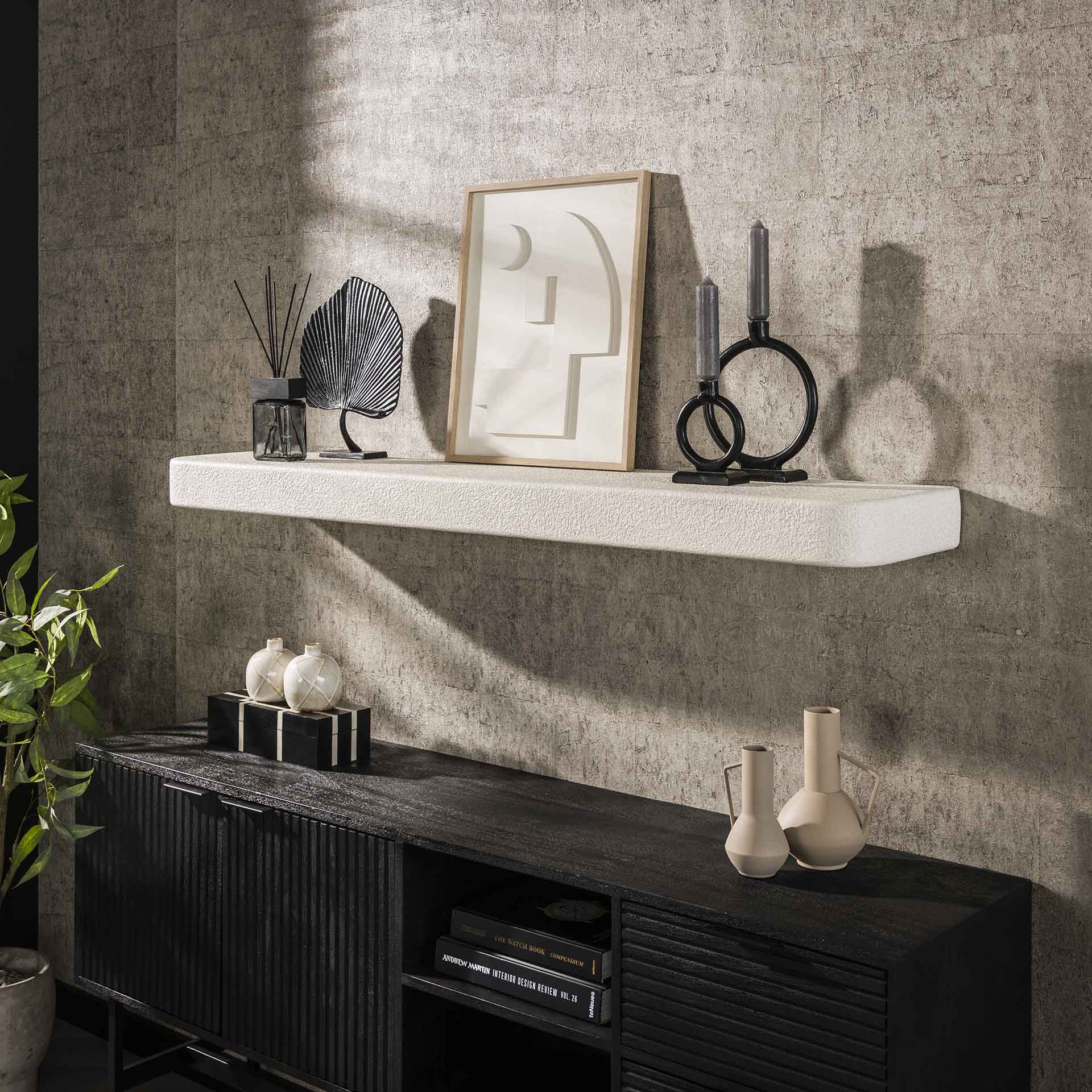 Wandregal Weiß 150 cm mit Steinoberfläche – Modernes Regalsystem für Wohnzimmer, Schlafzimmer und Büro 0
