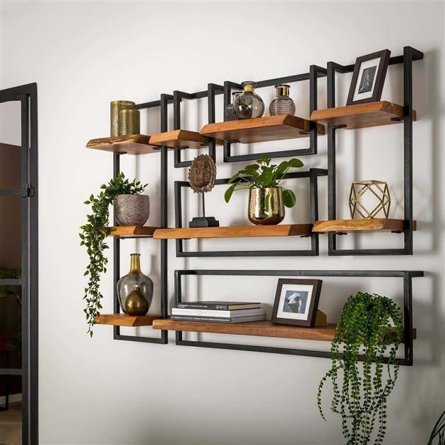 Wandregal aus Akazienholz mit Stahlrahmen im Vintage-Look 96 cm – Robustes Wandregal für modernes und industrielles Interieur 2